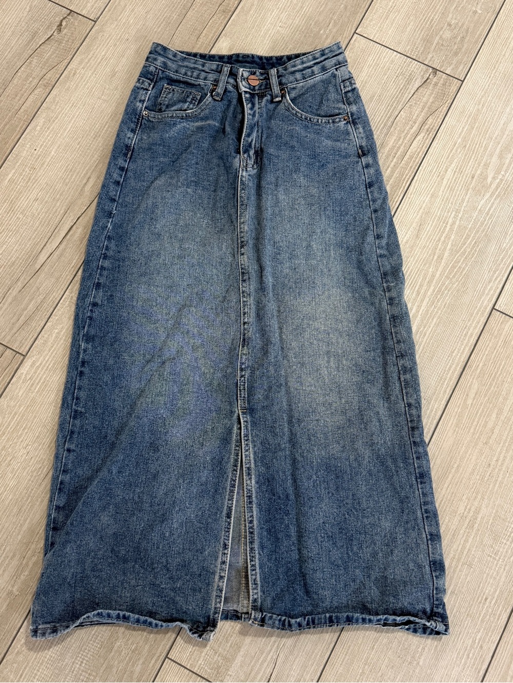 Women’s S Blue Denim Maxi Skirt High Waist Front Slit Long Jean Skirt Y2K Summer - Picture 2 of 8